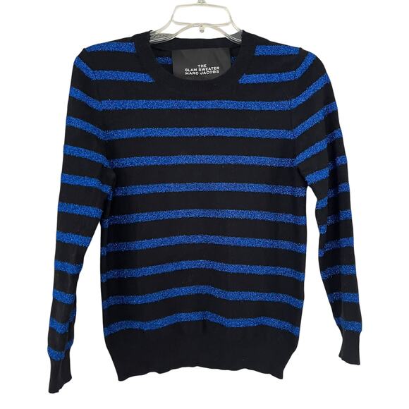 Marc Jacobs The Glam Sparkle Striped Sweater Blue Small Cashmere Metallic Blend - Picture 2 of 7